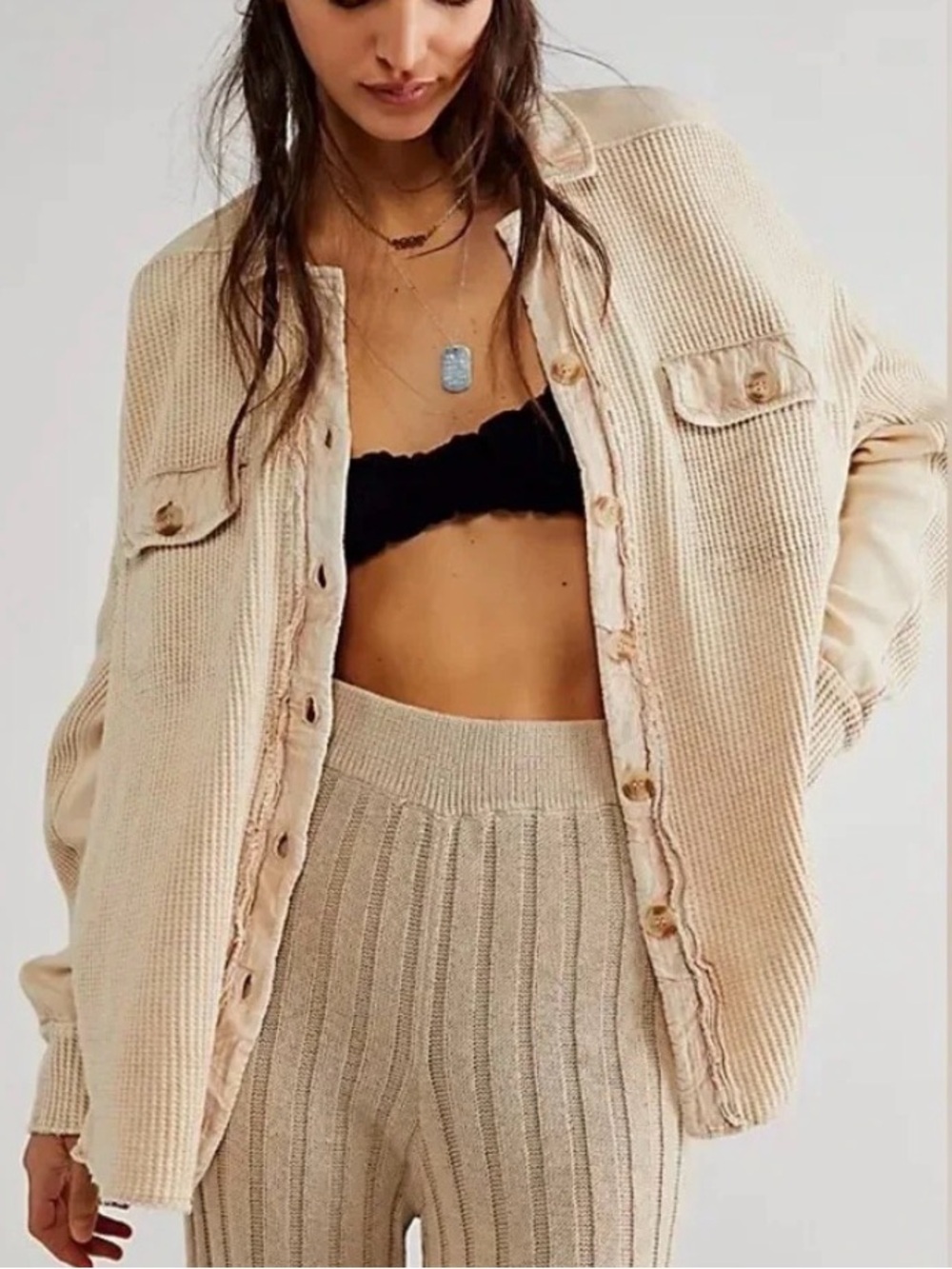 Free People FP One Waffle Knit Top Small Cream Cotton Oversized Light Shacket